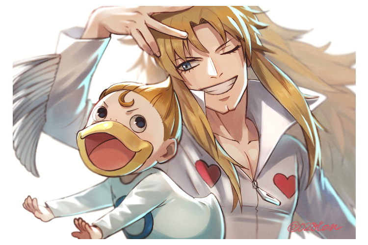 2boys, black_eyes, blue_eyes, brown_hair, commentary, grin, kanchome_(konjiki_no_gash!!), konjiki_no_gash!!, long_hair, long_sleeves, male_focus, multiple_boys, one_eye_closed, open_mouth, otton, parco_folgore, simple_background, smile, spiky_hair, white_background