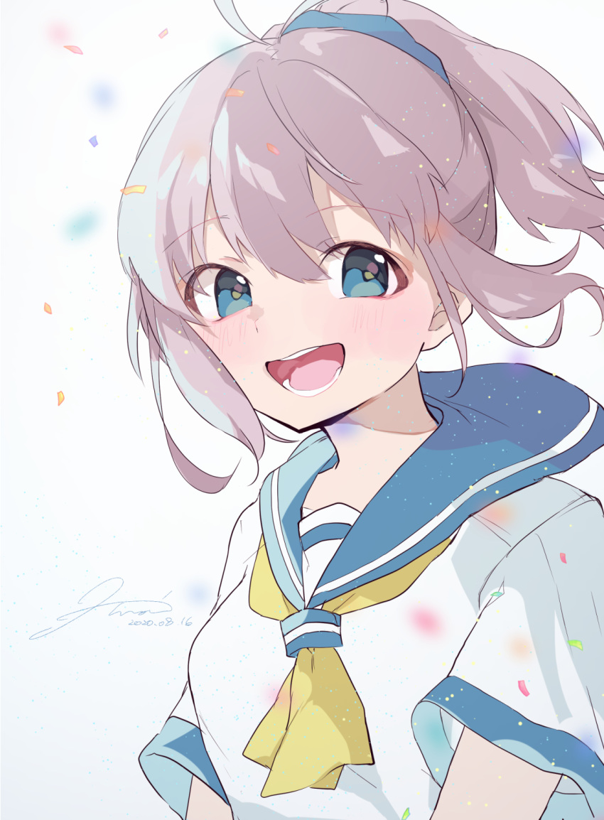 1girl, :d, aoba_(kantai_collection), blue_eyes, blue_scrunchie, eyebrows_visible_through_hair, hair_ornament, hair_scrunchie