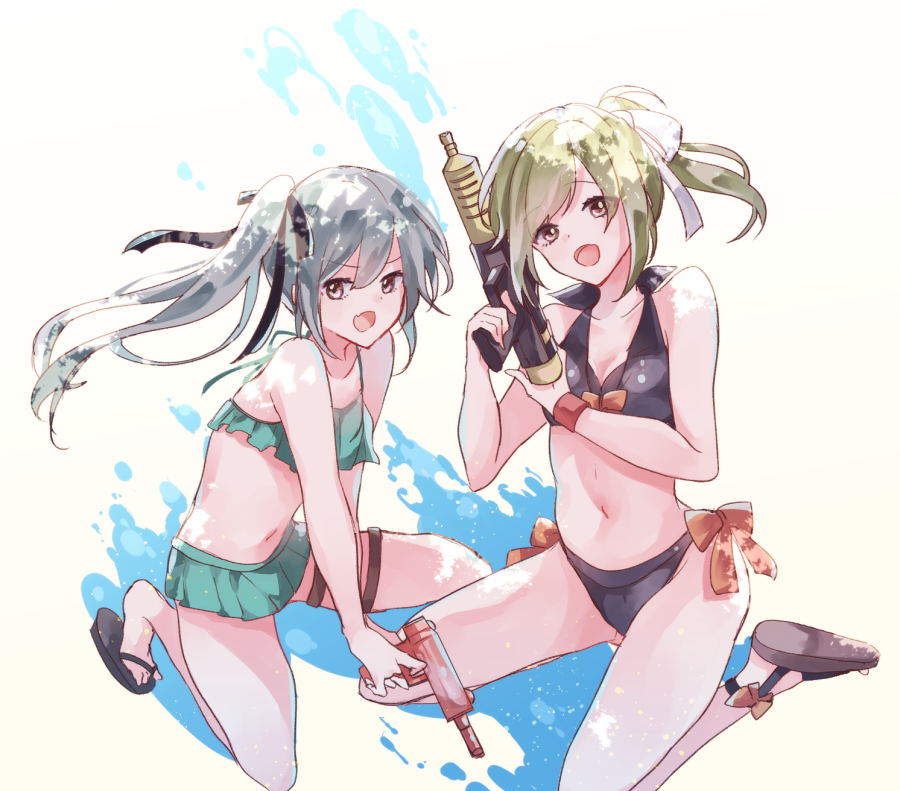2girls, :d, bare_shoulders, bikini, black_bikini, black_footwear, brown_eyes, eyebrows_visible_through_hair