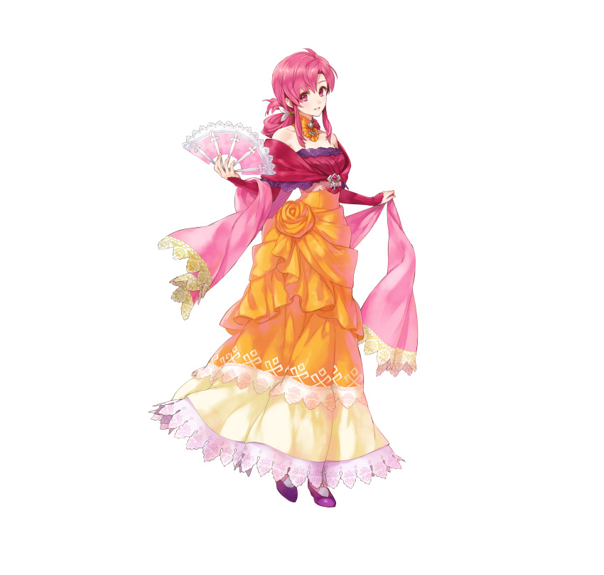 1girl, absurdres, bangs, bare_shoulders, commentary_request, detached_collar, dress, ethlyn_(fire_emblem), fan, fingernails, fire_emblem, fire_emblem:_genealogy_of_the_holy_war, fire_emblem_heroes, full_body, highres, holding, holding_fan, kaya8, long_dress, long_hair, looking_at_viewer, official_art, parted_lips, pink_eyes, pink_hair, purple_footwear, shiny, shiny_hair, sidelocks, smile, solo, standing, strapless, strapless_dress, tied_hair, white_background, white_legwear