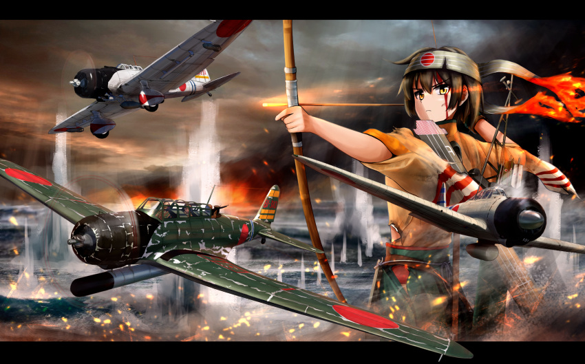 1girl, a6m_zero, aircraft, airplane, apron, arrow_(projectile), b5n, blood