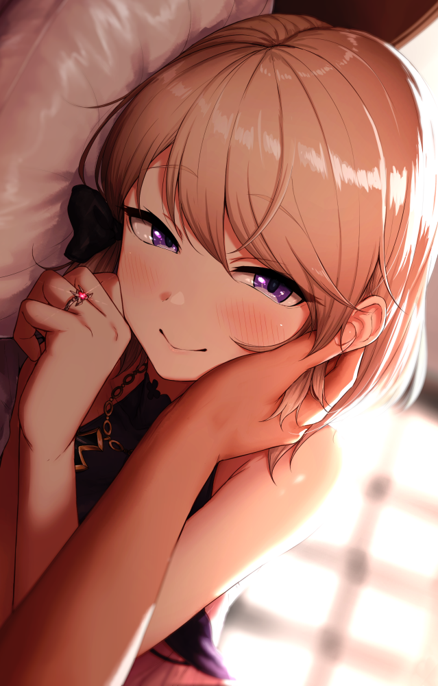 1girl, aoi_tiduru, azur_lane, bare_shoulders, black_dress, blush, bow, dress, hair_bow, hand_on_another's_cheek, hand_on_another's_face, jewelry, looking_at_viewer, lying, on_bed, on_side, pov, ring, short_hair, turtleneck_dress, violet_eyes, wedding_dress, wedding_ring, z23_(azur_lane), z23_(schwarze_hochzeit)_(azur_lane)