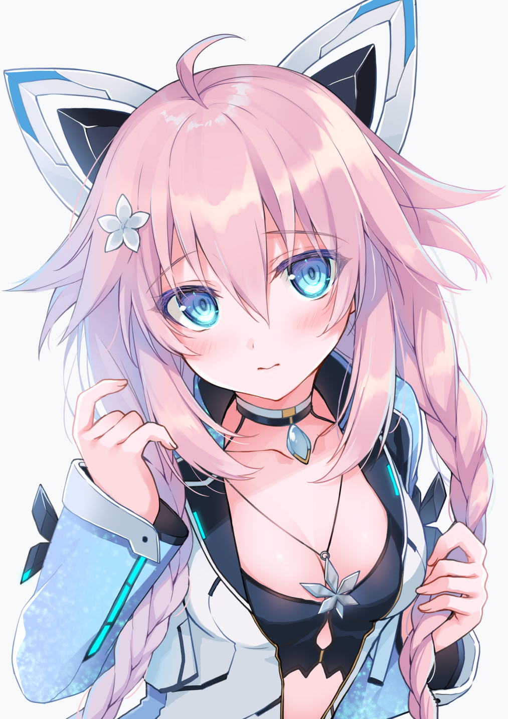 1girl, 2980, 3:, ahoge, animal_ears, black_shirt, blue_eyes, braid
