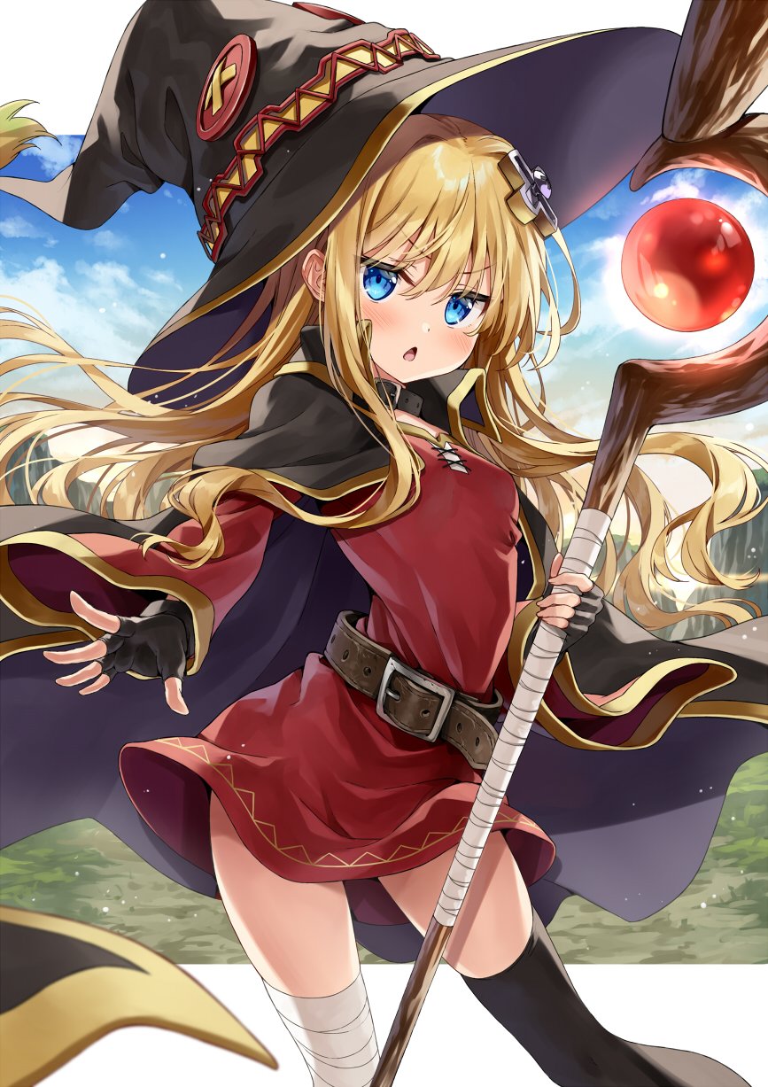 1girl, alice_(sentouin_haken_shimasu!), bandaged_leg, bandages, belt, black_headwear, black_legwear, blonde_hair