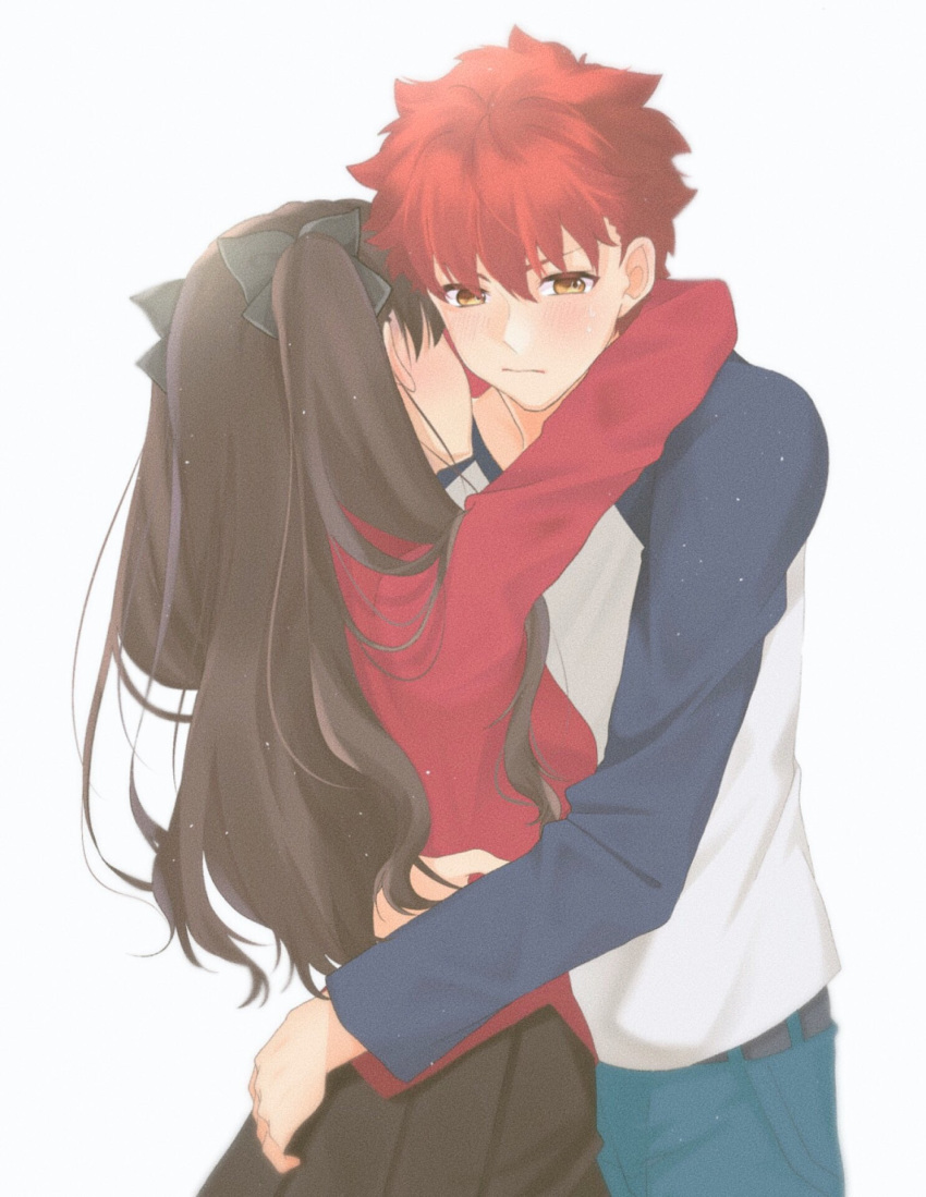 1boy, 1girl, black_hair, embarrassed, emiya_shirou, fate/stay_night, fate_(series), fuji_(pixiv17518157), highres, hug, redhead, tohsaka_rin, twintails, two_side_up, yellow_eyes