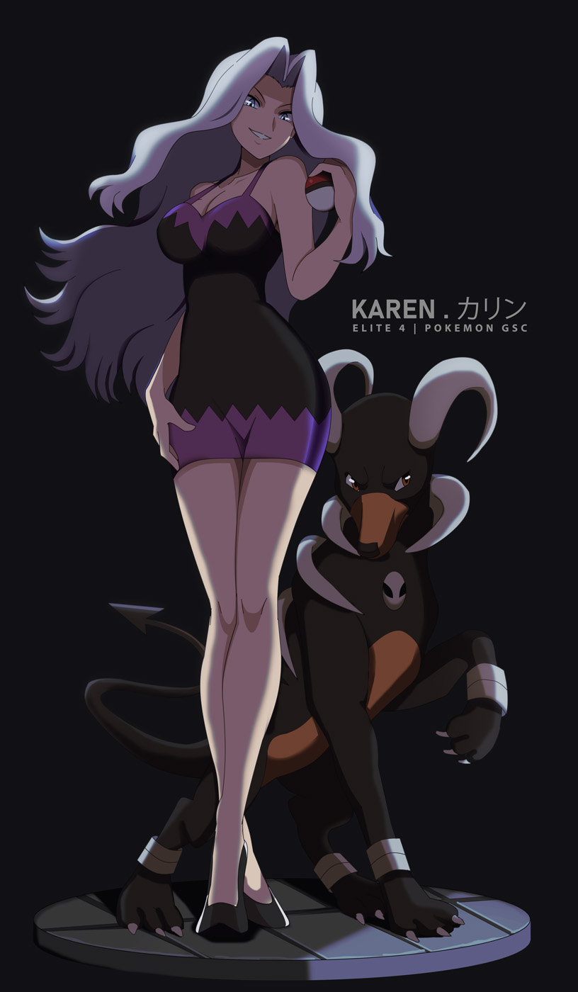 1girl, blue_eyes, dress, gen_2_pokemon, grin, hand_on_hip, high_heels, highres