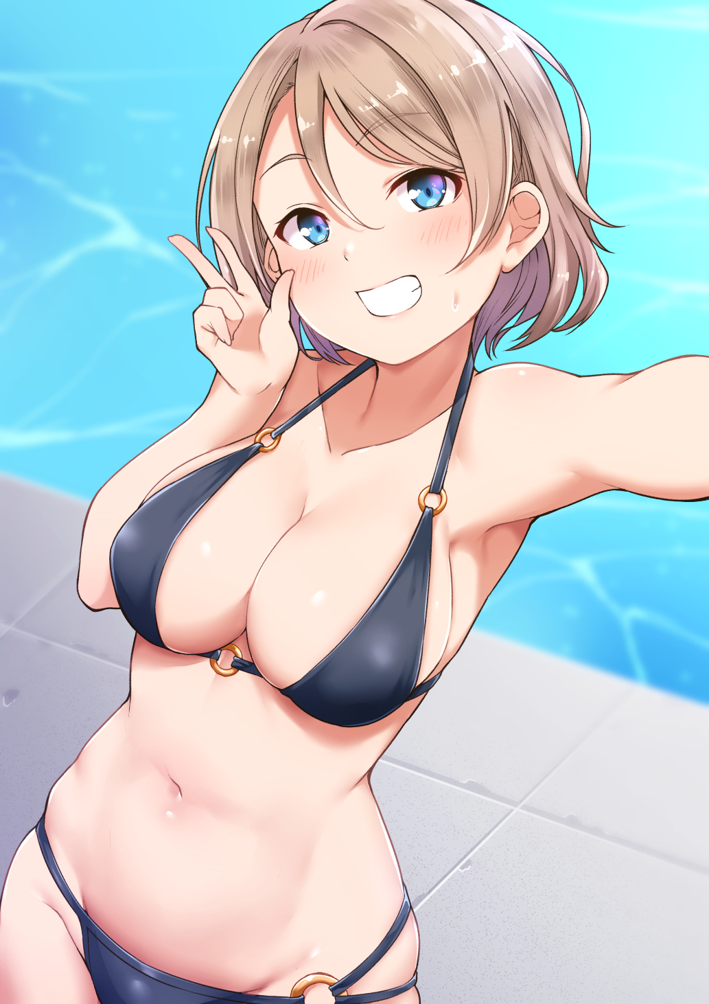 1girl, bangs, belly, bikini, black_bikini, blue_eyes, blush, breasts, brown_hair, collarbone, cowboy_shot, from_above, grin, groin, hair_between_eyes, halterneck, head_tilt, highres, kanabun, large_breasts, looking_at_viewer, love_live!, love_live!_sunshine!!, multi-strapped_bikini, o-ring, outstretched_arm, pool, poolside, reaching_out, self_shot, short_hair, skindentation, smile, solo, string_bikini, swimsuit, tile_floor, tiles, w, watanabe_you, water, wet