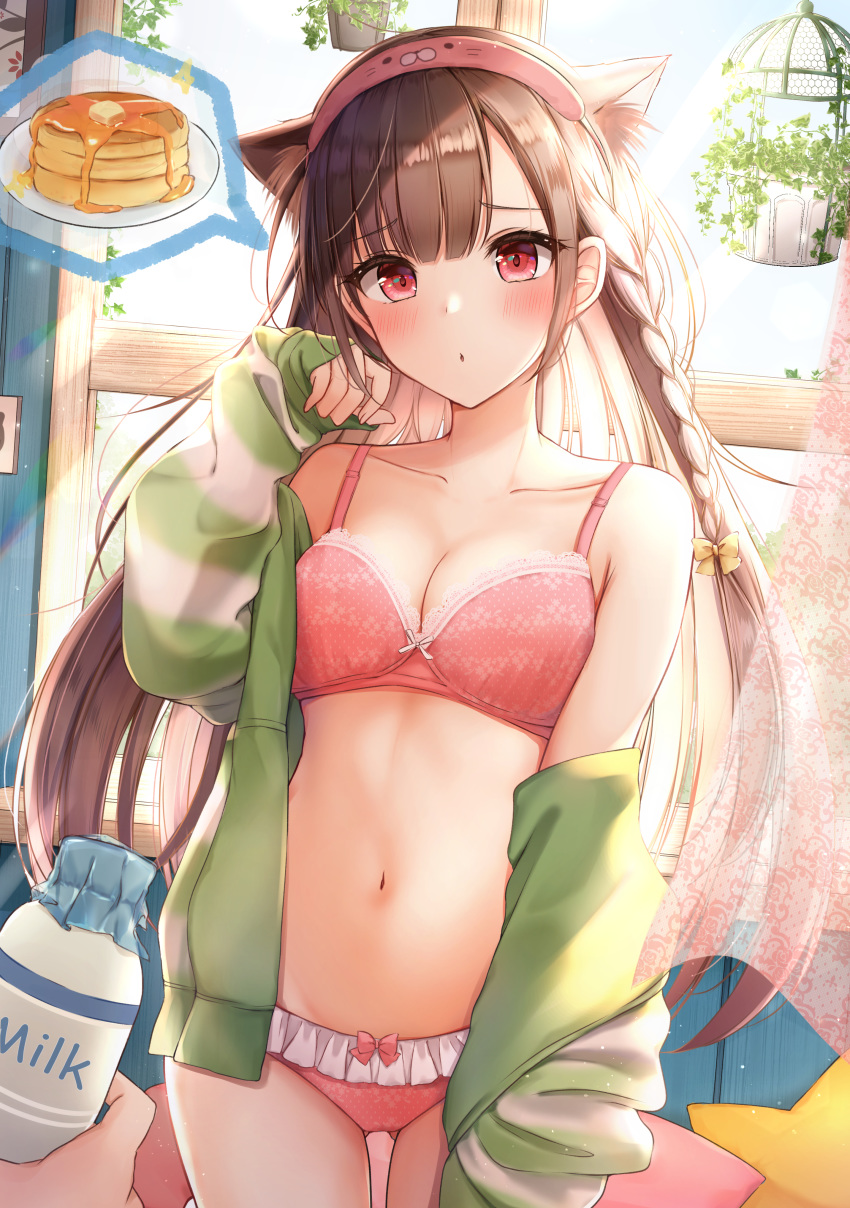 1girl, :o, absurdres, animal_ear_fluff, animal_ears, ass_visible_through_thighs, bangs, bottle, bow, bra, braid, breasts, butter, cardigan, cat_ears, cat_girl, cowboy_shot, curtains, day, food, green_cardigan, hair_bow, hairband, hand_up, hanging_plant, highres, holding, hood, hoodie, indoors, lace, lace-trimmed_bra, long_hair, long_sleeves, milk, milk_bottle, navel, off_shoulder, open_cardigan, open_clothes, original, out_of_frame, pancake, panties, pink_bra, pink_panties, plant, potted_plant, pout, print_hairband, red_eyes, side_braid, single_braid, sleeves_past_wrists, solo_focus, spoken_food, stack_of_pancakes, striped, syrup, underwear, window, yellow_bow, yukiunag1