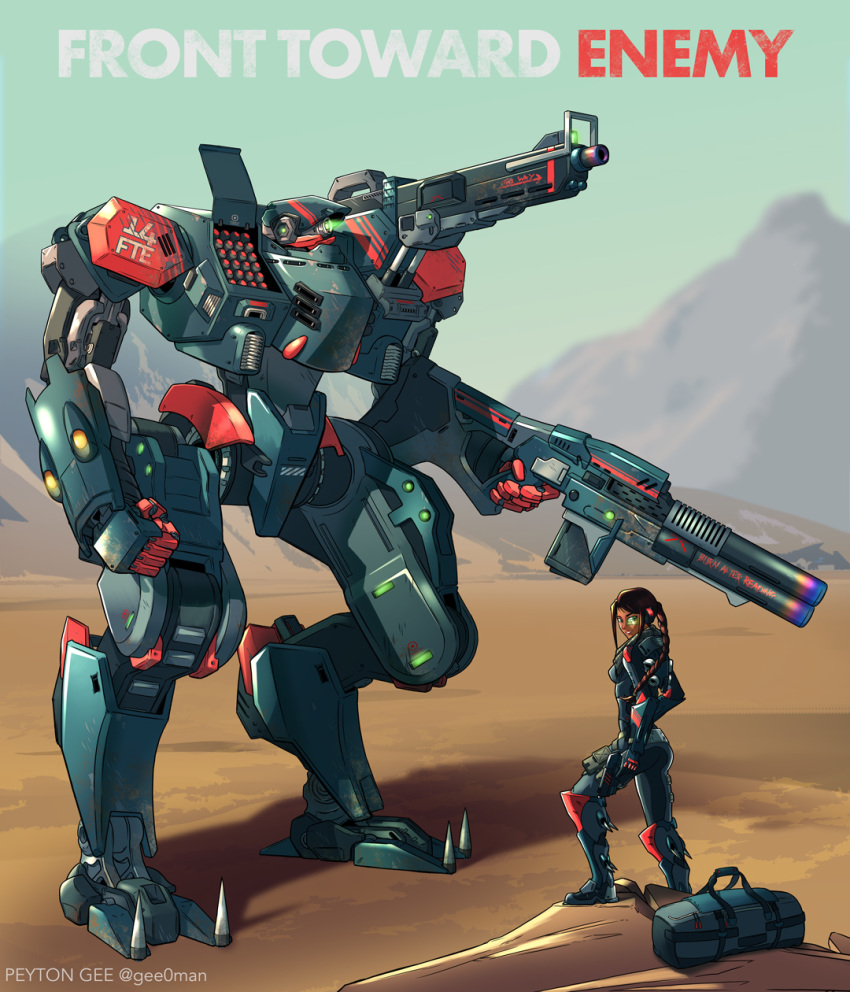 1girl, borrowed_character, braid, braided_ponytail, brown_hair, commission, dark_skin, english_commentary, english_text, glowing, glowing_eye, gun, highres, holding, holding_gun, holding_weapon, lancer_rpg, long_hair, looking_at_viewer, looking_back, looking_up, mecha, one-eyed, original, peyton_gee, smile, standing, weapon