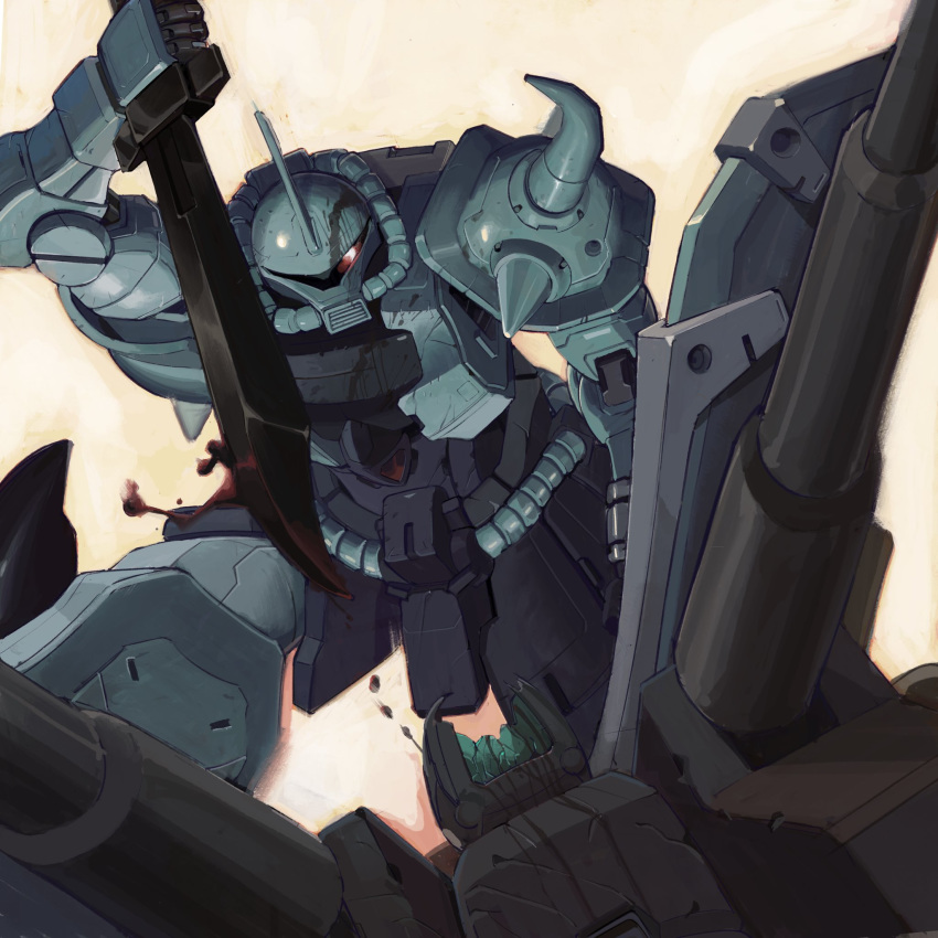 blood, damaged, glowing, glowing_eye, gouf_custom, gundam, gundam_08th_ms_team, guntank_mass_production_type, highres, holding, holding_sword, holding_weapon, looking_to_the_side, mecha, no_humans, olympia_sweetman, one-eyed, shield, solo_focus, sword, weapon, zeon