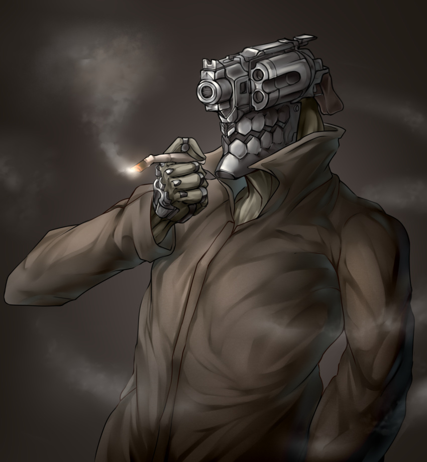 1boy, brown_coat, cigarette, coat, cyborg, grey_background, gun, hand_in_pocket