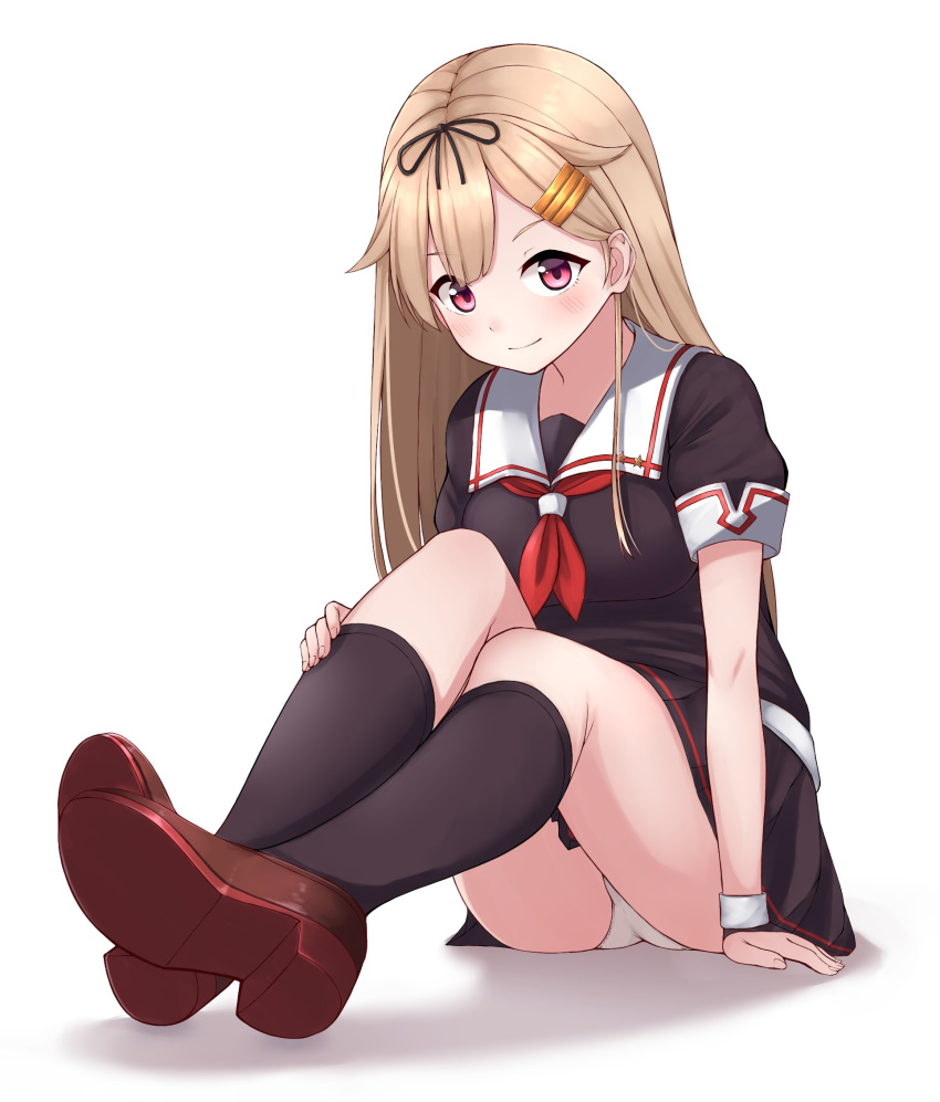 1girl, black_gloves, black_legwear, black_ribbon, black_serafuku, blonde_hair, brown_footwear, commentary_request