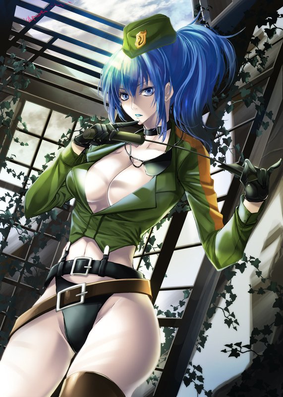 1girl, alternate_costume, belt, black_gloves, black_panties, blue_hair, blue_lipstick, breasts