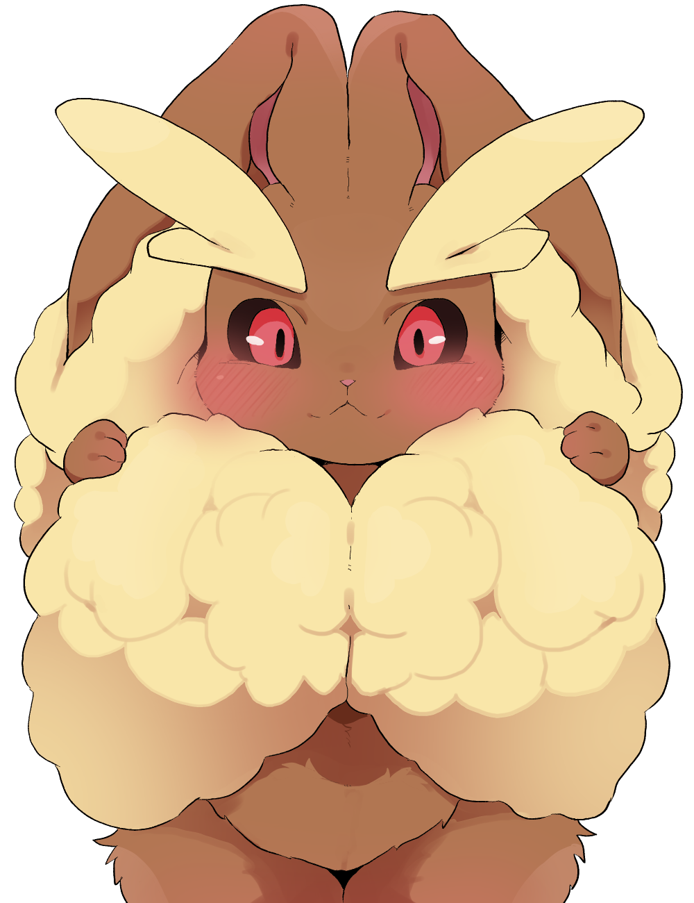 1girl, animal_ear_fluff, animal_ears, black_sclera, blush, dagashi_(daga2626), eyebrows, furry, gen_4_pokemon, highres, holding_ears, leaning_forward, looking_at_viewer, lopunny, pokemon, pokemon_(creature), rabbit_ears, red_eyes, simple_background, smile, solo, white_background