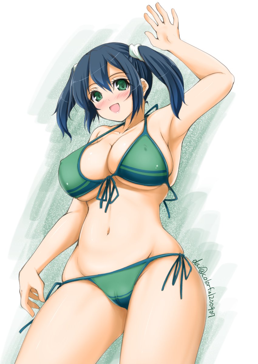 1girl, akimoto_dai, bikini, black_swimsuit, breasts, commentary_request, contrapposto, cowboy_shot