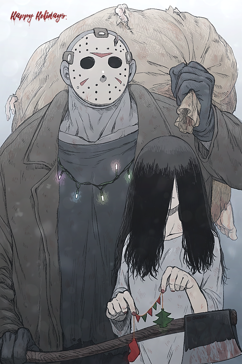 1boy, 1girl, 1other, axe, bag, bald, black_gloves, black_hair