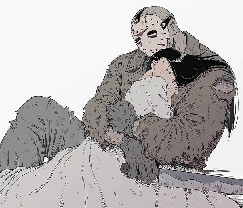 1boy, 1girl, bald, black_hair, dress, friday_the_13th, gloves, highres, hockey_mask, holding, holding_weapon, hug, jacket, jason_voorhees, long_hair, machete, outsuki, pants, shirt, simple_background, sitting, size_difference, the_ring, torn_clothes, weapon, white_background, white_dress, yamamura_sadako