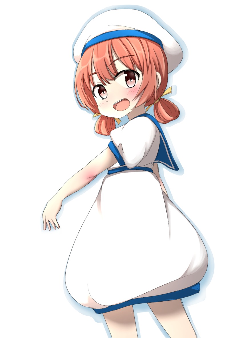 1girl, blue_sailor_collar, brown_eyes, brown_hair, commentary_request, cowboy_shot, dress, hair_rings