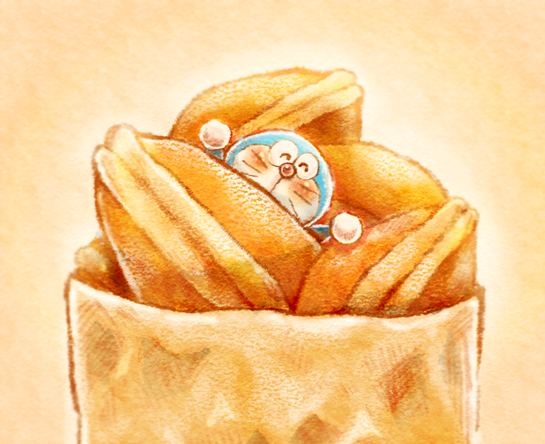 ^_^, arms_up, bag, blush, closed_eyes, covered_mouth, doraemon, doraemon_(character)