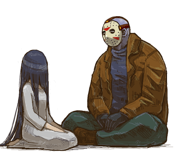 1boy, 1girl, bald, barefoot, black_gloves, black_hair, black_shirt, blue_skin