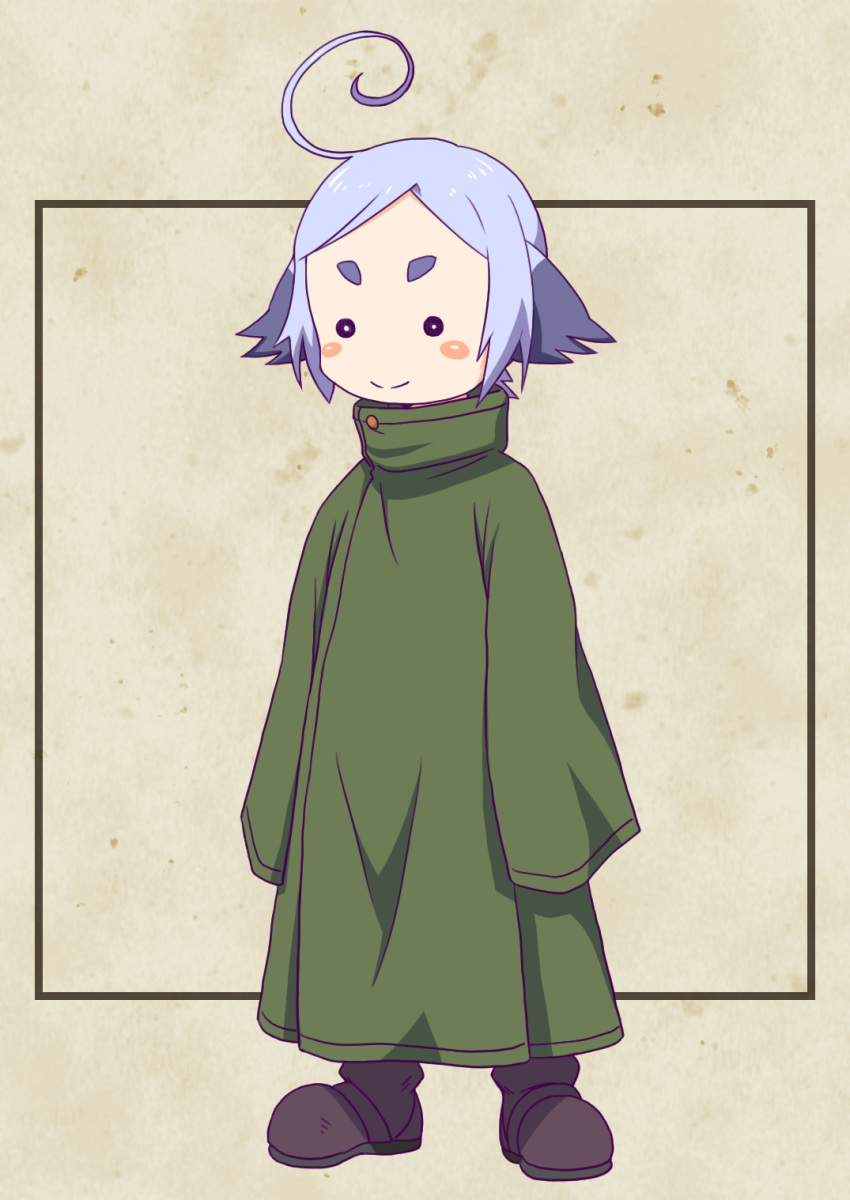 1boy, :>, ahoge, blue_hair, blush_stickers, boots, coat, full_body