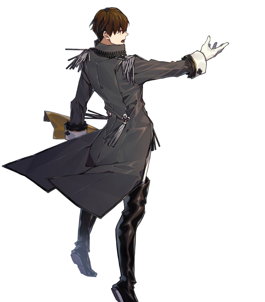 1boy, alternate_costume, back, belt, boots, brown_eyes, brown_hair, epaulettes