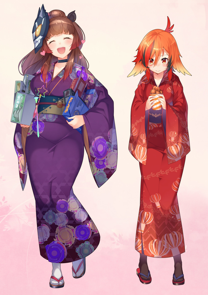 2girls, animal_ears, animare, bangs, blush, brown_hair, capybara_ears, closed_eyes, food, full_body, hair_between_eyes, highres, japanese_clothes, kazami_kuku, kimono, kokka_han, long_hair, looking_at_viewer, mask, mask_on_head, multicolored_hair, multiple_girls, obi, open_mouth, pink_background, redhead, sash, short_hair, streaked_hair, virtual_youtuber, wide_sleeves, yukata, yunohara_izumi
