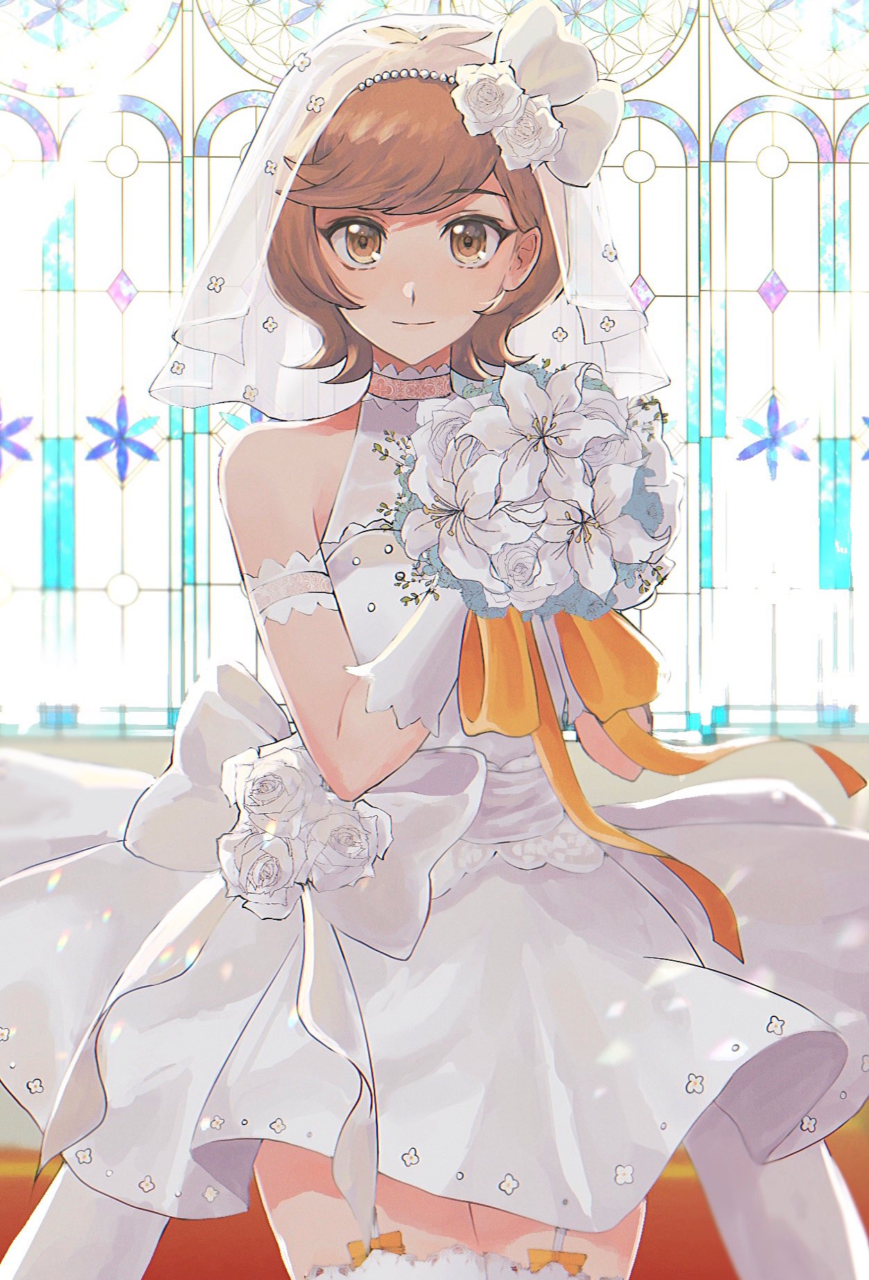 1girl, arm_strap, bangs, bouquet, bow, bridal_veil, brown_eyes, brown_hair, closed_mouth, cowboy_shot, dress, elbow_gloves, flower, garter_straps, gloves, hair_flower, hair_ornament, highres, holding, holding_bouquet, honi_hogya, lily_(flower), looking_at_viewer, shiny, shiny_hair, short_dress, short_hair, sleeveless, sleeveless_dress, smile, solo, standing, swept_bangs, thigh-highs, veil, wedding_dress, white_bow, white_dress, white_flower, white_gloves, white_legwear, yuu-gi-ou, yuu-gi-ou_vrains, zaizen_aoi, zettai_ryouiki