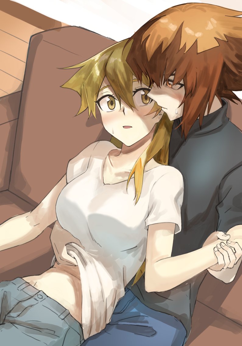 1boy, 1girl, bangs, black_shirt, blue_pants, brown_eyes, brown_hair, collarbone