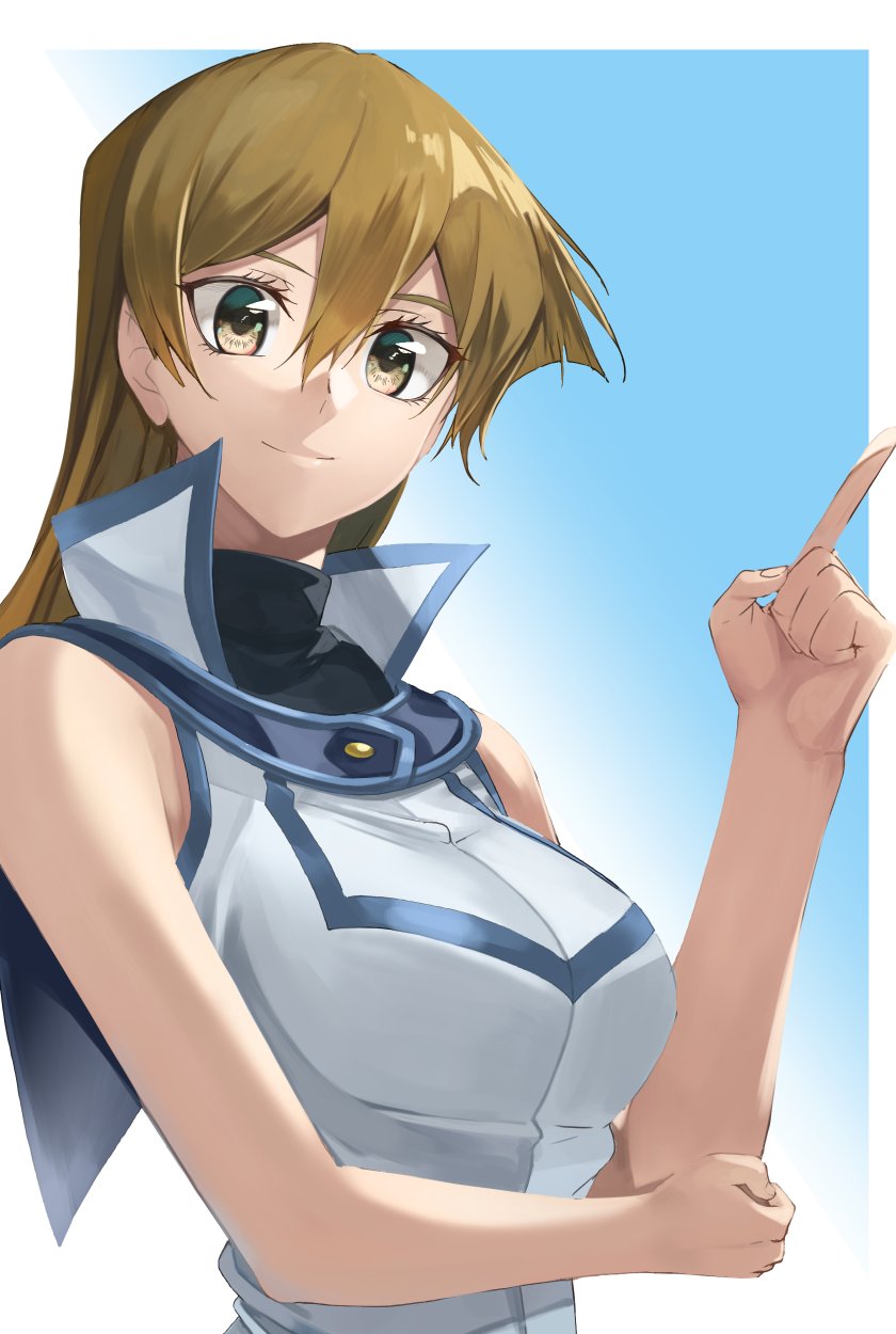 1girl, bag, blue_background, blue_sailor_collar, border, breasts, brown_eyes, brown_hair