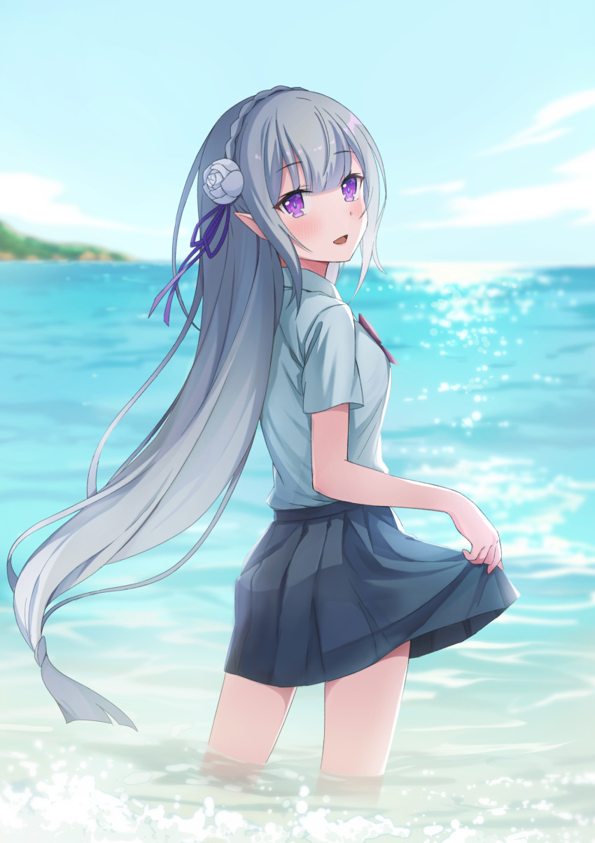 1girl, :d, bangs, blue_sky, blunt_bangs, blurry, blurry_background, bow