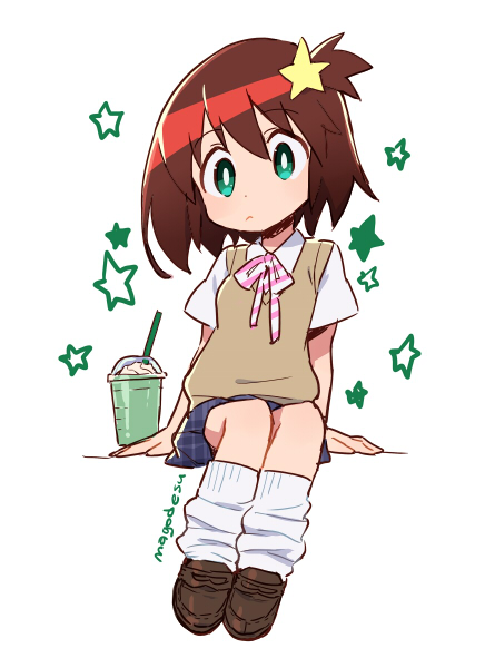 1girl, arm_support, blush, bright_pupils, brown_footwear, brown_hair, closed_mouth, eyebrows_visible_through_hair