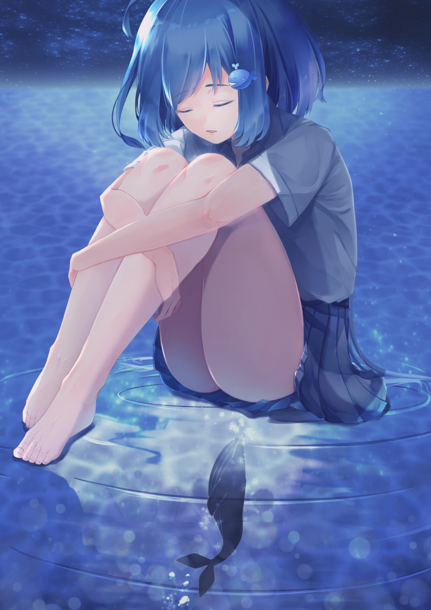 1girl, absurdres, annu_iida, ass, barefoot, black_hair, black_skirt, closed_eyes