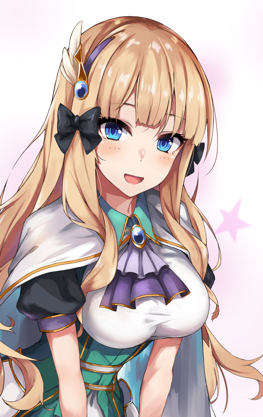1girl, bangs, black_bow, blonde_hair, blue_eyes, blush, bow, breasts