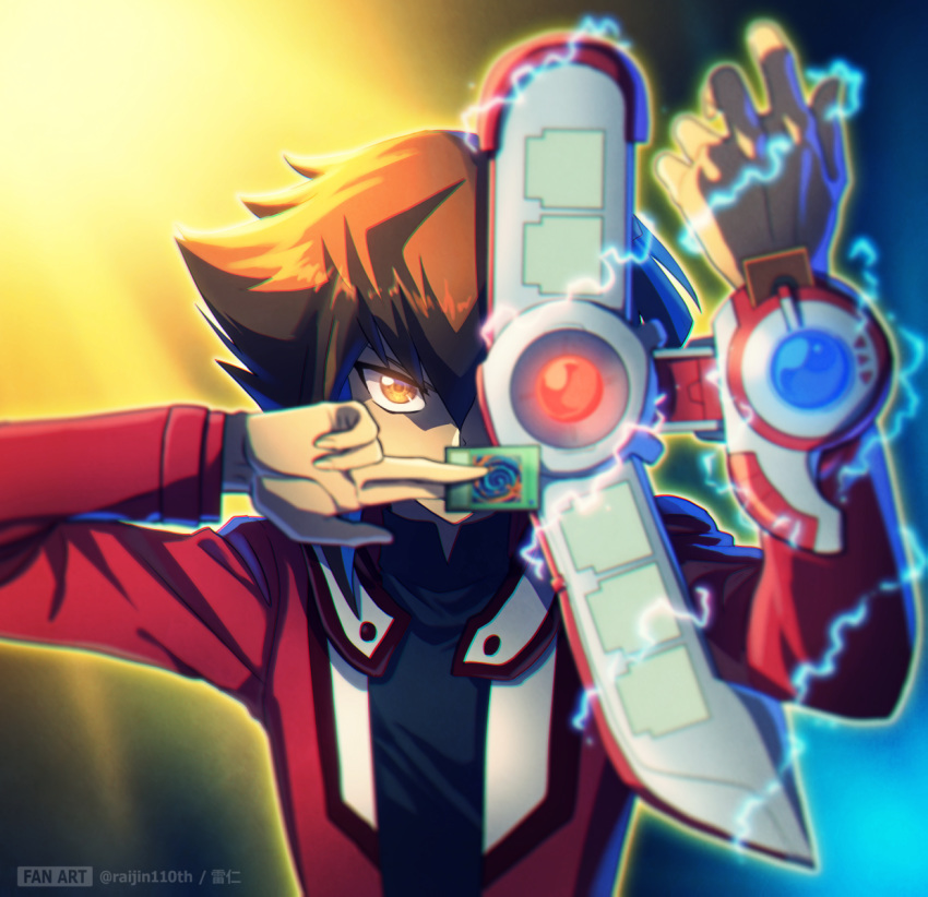 1boy, arm_up, artist_name, bangs, brown_hair, card, commentary_request, covering_mouth, duel_disk, energy, hair_between_eyes, hand_up, highres, holding, holding_card, jacket, long_sleeves, looking_at_viewer, male_focus, open_clothes, orange_eyes, polymerization, raijin-bh, red_jacket, yuu-gi-ou, yuu-gi-ou_gx, yuuki_juudai