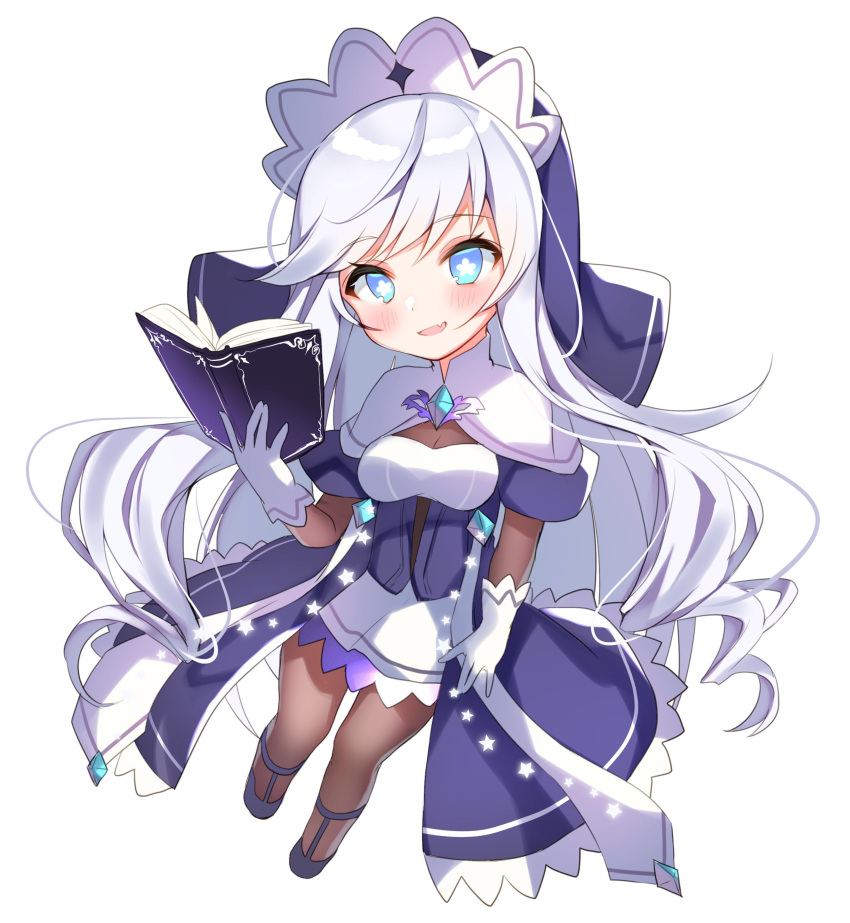 1girl, absurdres, black_footwear, blue_eyes, book, chibi, full_body, gloves
