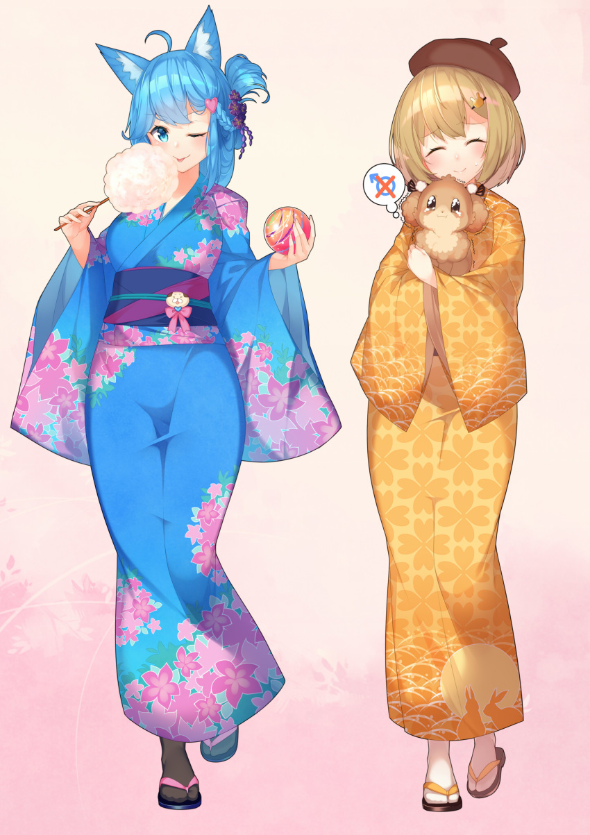 2girls, ahoge, animal, animal_ear_fluff, animal_ears, animare, bangs, blonde_hair