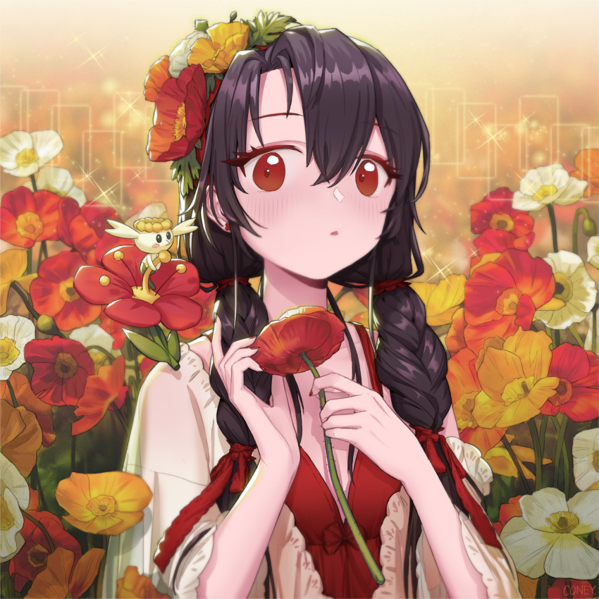 1girl, absurdres, bangs, blush, braid, breasts, coney, dress
