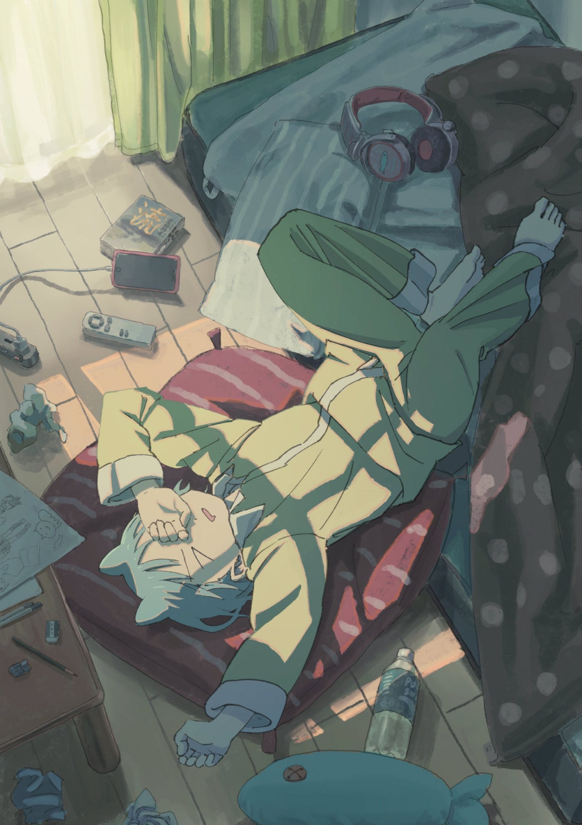 >_<, 1girl, animal_ears, arm_up, bed, bedroom, blue_hair, cellphone