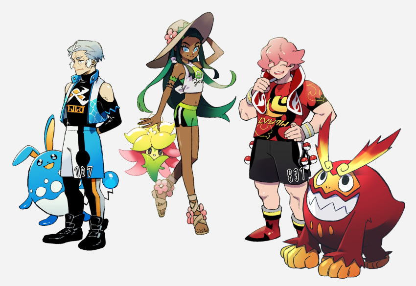 1girl, 2boys, arms_behind_back, azumarill, bare_shoulders, bike_shorts, black_hair, dark_skin