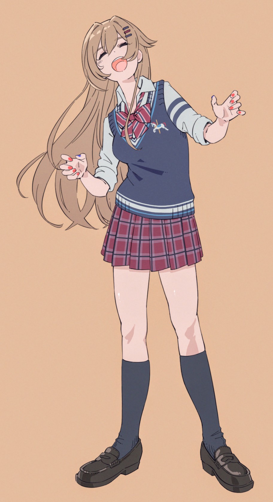 1girl, :d, ^_^, bangs, black_footwear, black_legwear, blue_nails, bow