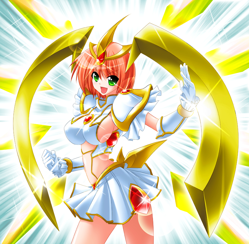 1girl, :d, armor, breasts, bunji, duel_monster, elemental_hero_the_shining, gauntlets, gem, genderswap, genderswap_(mtf), glint, gloves, green_eyes, headgear, large_breasts, looking_at_viewer, open_mouth, personification, redhead, short_hair, shoulder_armor, sideboob, skirt, smile, standing, v-shaped_eyebrows, white_gloves, white_skirt, yuu-gi-ou