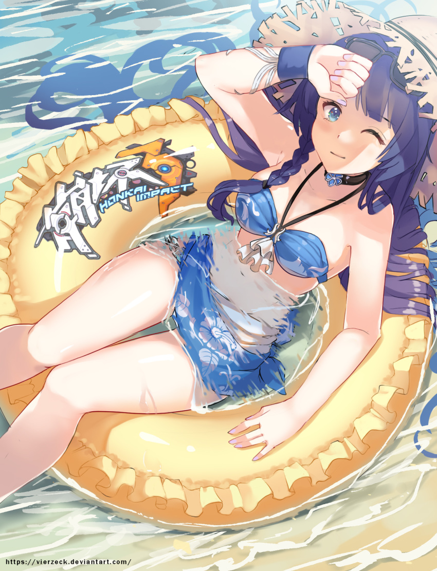 1girl, bangs, beach, bikini, blue_bikini, braid, breasts, choker