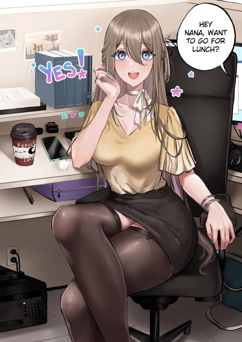 1girl, :d, bag, black_legwear, black_skirt, blue_nails, blush, book, bracelet, breasts, cat, cellphone, chair, computer_tower, crossed_legs, cubicle, cup, disposable_cup, earrings, elbow_rest, english_text, expulse, eyebrows_visible_through_hair, feet_out_of_frame, hair_between_eyes, half_updo, handbag, indoors, jewelry, large_breasts, light_brown_hair, long_hair, looking_at_viewer, monitor, mouse_(computer), nail_polish, neck_ribbon, office_chair, office_lady, open_mouth, original, out_of_frame, paper_stack, pencil_skirt, phone, photo_(object), ribbon, shirt, sitting, skirt, smartphone, smile, solo, speech_bubble, thigh-highs, tile_floor, tiles, very_long_hair, yellow_shirt, yes