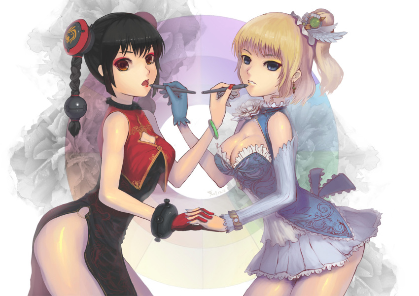 2girls, black_hair, blonde_hair, blue_eyes, bracelet, braid, breasts, brown_eyes, china_dress, chinese_clothes, cleavage, detached_sleeves, dress, earrings, eyeshadow, fingernails, gloves, hair_ornament, holding_hands, jewelry, large_breasts, legs, lipstick, m874, makeup, multiple_girls, nail_polish, oekaki_musume, one_glove, original, pen, ponytail, red_hair, short_skirt, side_slit, symmetrical_hand_pose, twin_braids, twintails