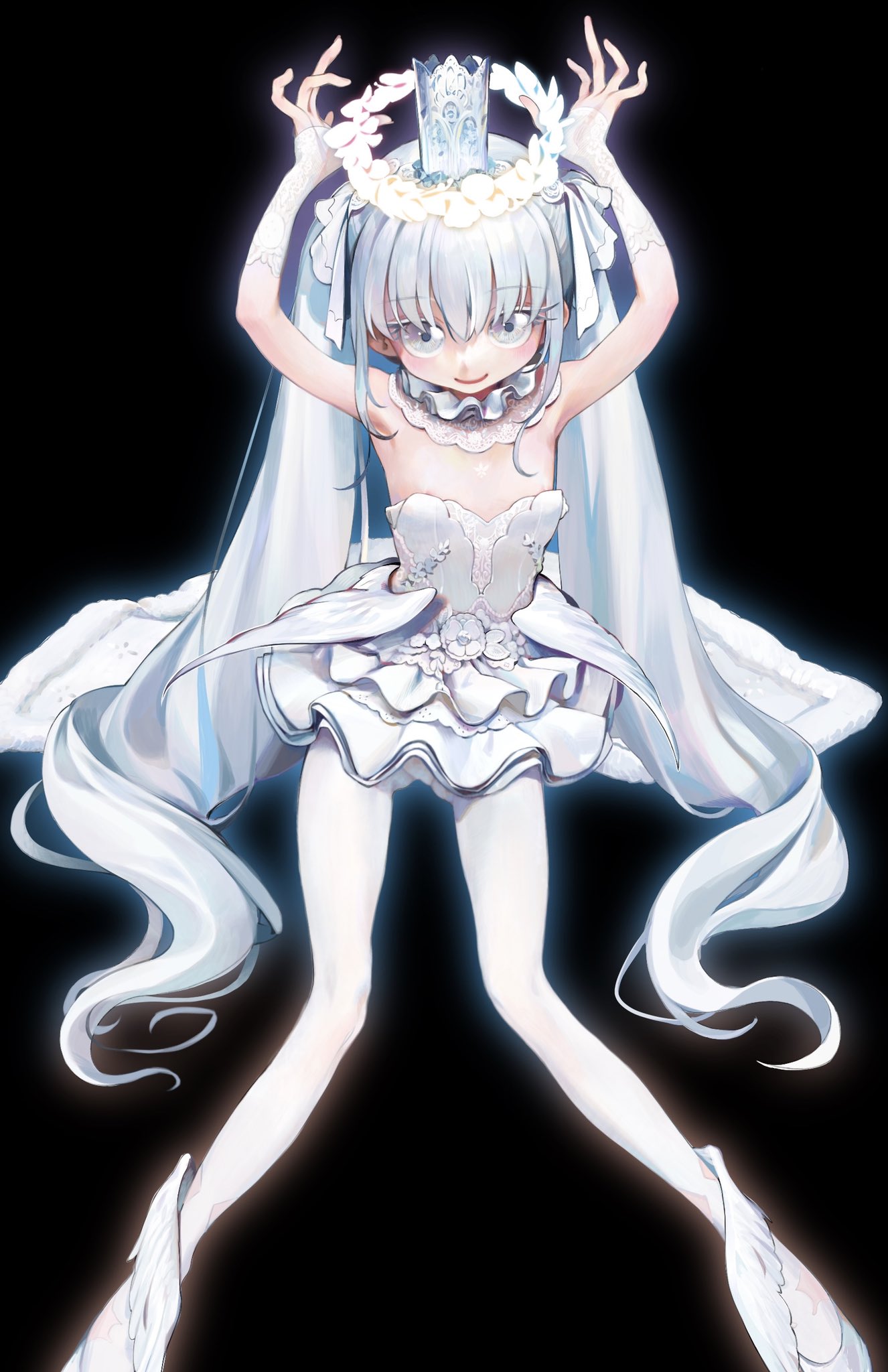 1girl, bangs, black_background, blue_eyes, blue_hair, commentary, crown, fingerless_gloves