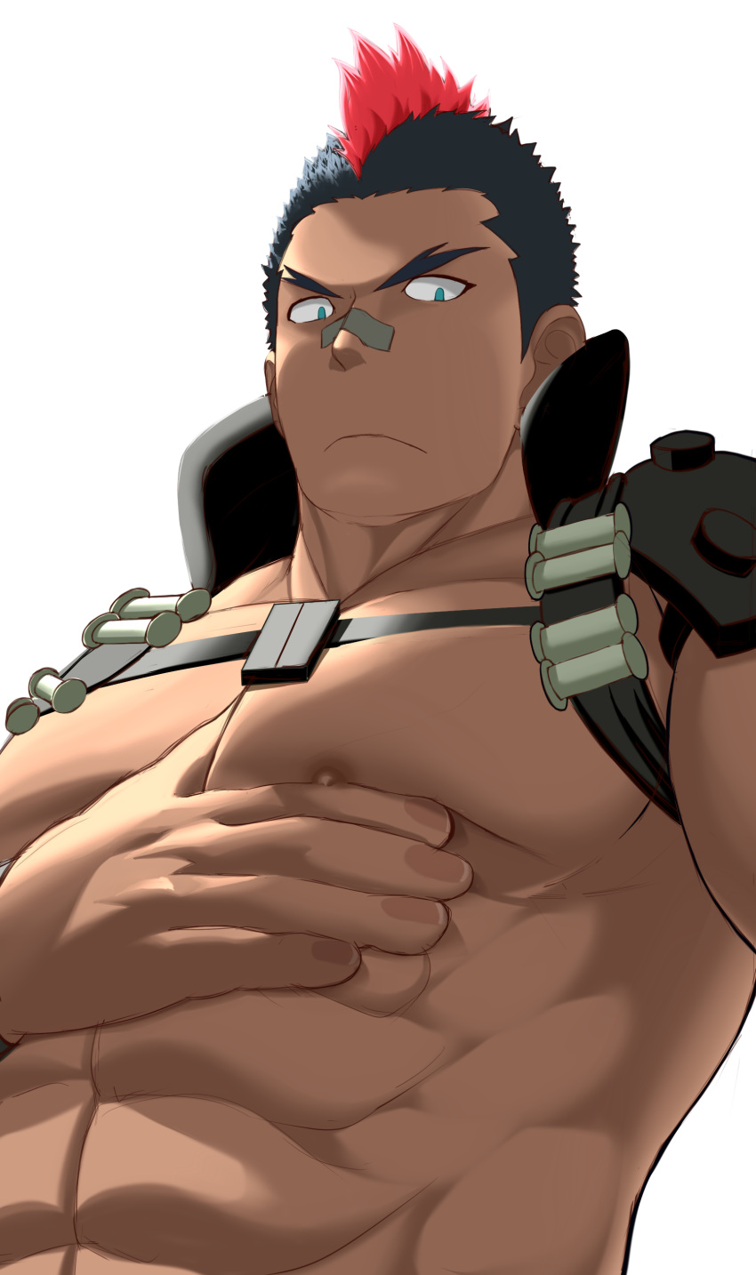 1boy, abs, absurdres, bandaid, bandaid_on_nose, bara, black_hair, chest