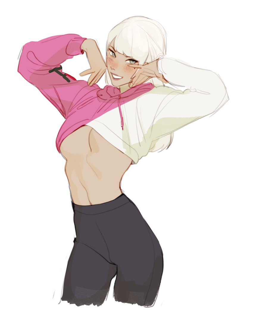 1girl, bangs, blunt_bangs, blush, breasts, commentary, cropped_hoodie, cropped_legs, edie_crop_hoodie, english_commentary, eva_smith, fictional_persona, fila, final_fantasy, final_fantasy_xiv, freckles, grey_eyes, high-waist_pants, highres, hood, hood_down, hoodie, lips, long_hair, looking_at_viewer, meme_attire, mole, mole_under_eye, navel, nora_althea_(eva_smith), pants, sketch, slender_waist, smile, solo, under_boob, white_background, white_hair, yoga_pants