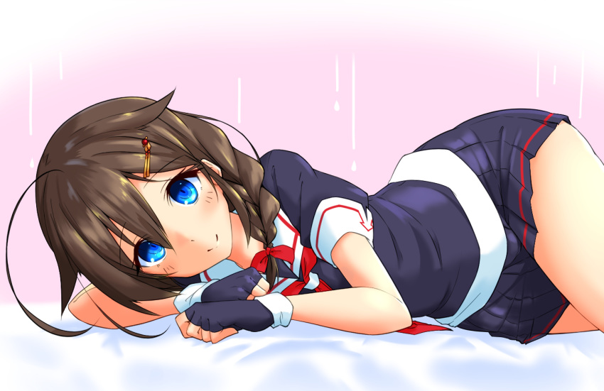 1girl, ahoge, black_serafuku, blue_eyes, braid, brown_hair, fingerless_gloves, gloves