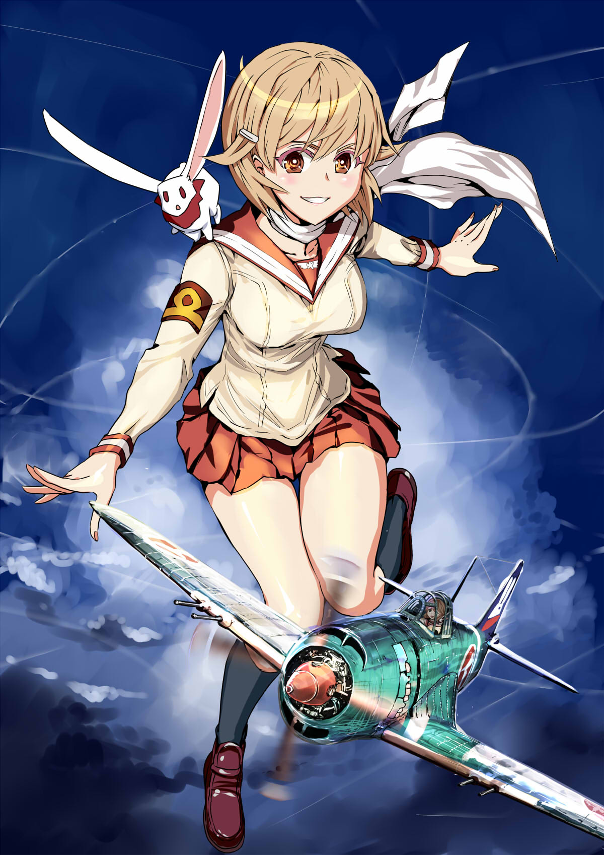1girl, aircraft, airplane, animal_on_shoulder, bangs, black_legwear, blouse, blue_sky
